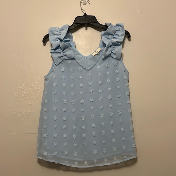 Entro Light Blue Ruffle Swiss Dot V Neck Chiffon Tank Blouse Size Small - Picture 1 of 9
